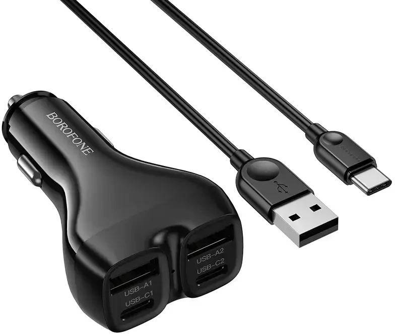 Borofone automobilinis įkroviklis BZ35 Leader – 2 x Typ C + 2 x USB – PD 30W su kabeliu USB į Typ C juodos spalvos