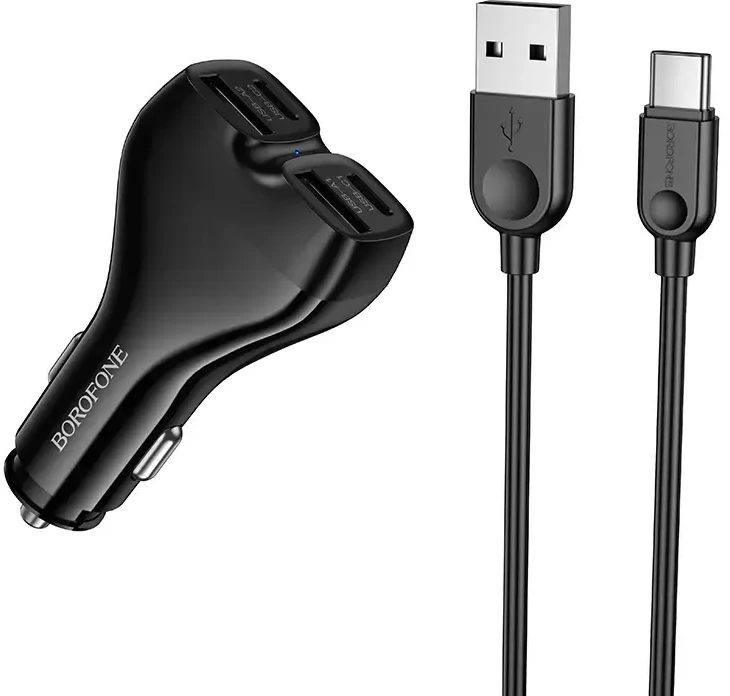 Borofone automobilinis įkroviklis BZ35 Leader – 2 x Typ C + 2 x USB – PD 30W su kabeliu USB į Typ C juodos spalvos