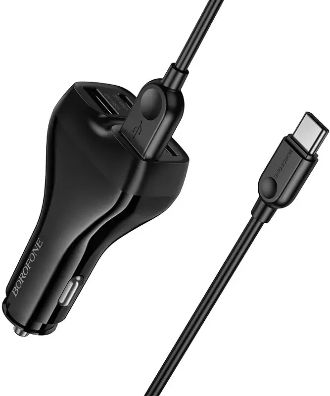 Borofone automobilinis įkroviklis BZ35 Leader – 2 x Typ C + 2 x USB – PD 30W su kabeliu USB į Typ C juodos spalvos