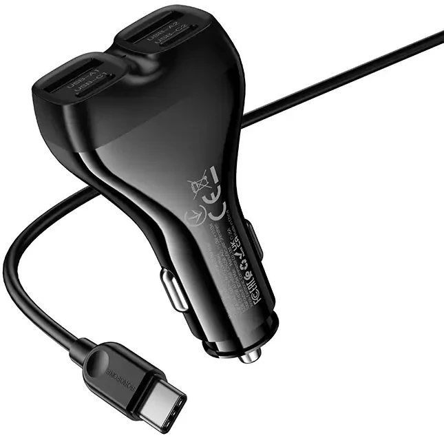 Borofone automobilinis įkroviklis BZ35 Leader – 2 x Typ C + 2 x USB – PD 30W su kabeliu USB į Typ C juodos spalvos