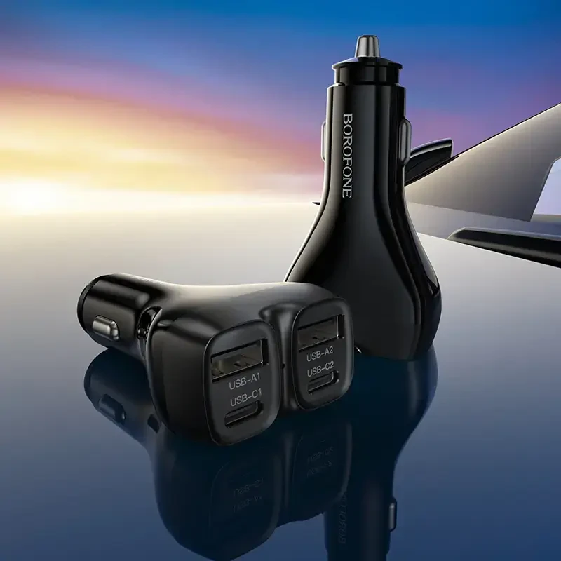 Borofone automobilinis įkroviklis BZ35 Leader – 2 x Typ C + 2 x USB – PD 30W su kabeliu USB į Typ C juodos spalvos