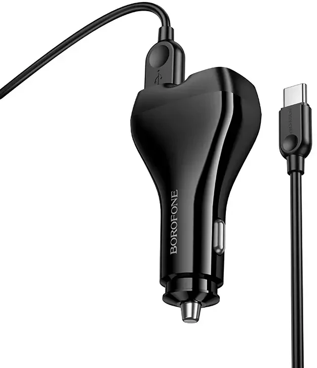Borofone automobilinis įkroviklis BZ35 Leader – 2 x Typ C + 2 x USB – PD 30W su kabeliu USB į Typ C juodos spalvos