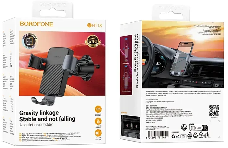 „Borofone“ automobilinis laikiklis BH118. Rafinuotas gravitacijos ventiliacijos angos juodas.