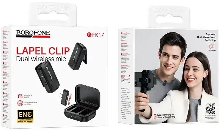 Borofone Lavalier wireless microphone BFK17 Lemai Type C juodas – 2 pieces