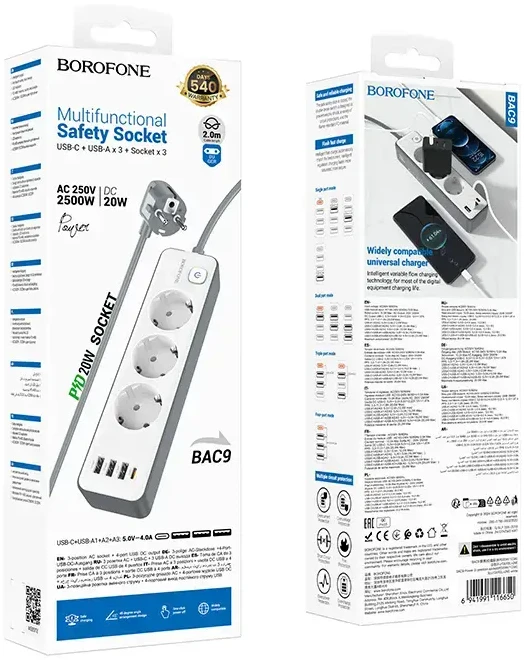 „Borofone“ BAC9 maitinimo lizdas – 3 lizdai 240 V + 3 USB + C tipo – PD 20 W, 2 metrai, juodas