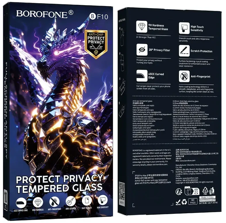 Borofone Grūdintas stiklas BF10 Armor visas ekranas nuo šnipinėjimo skirtas Iphone 17 Pro Max – 10 vienetų