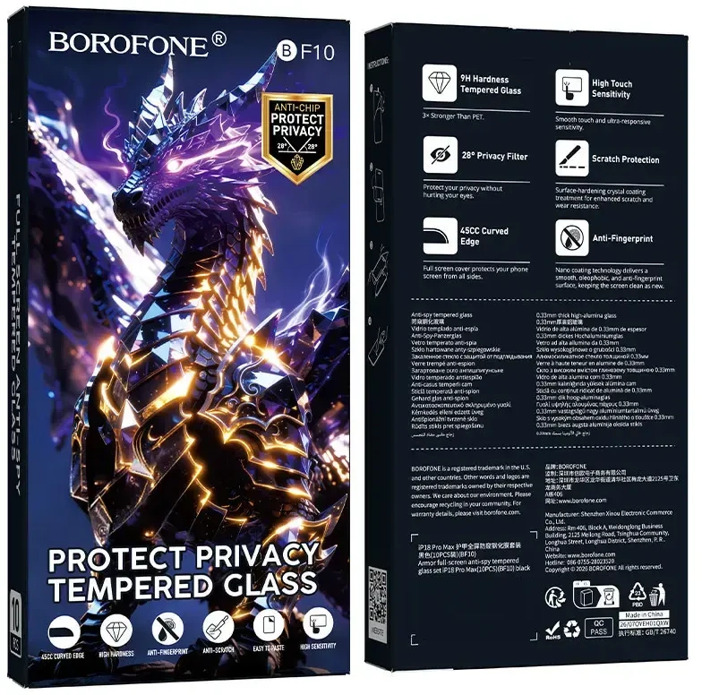 Borofone Grūdintas stiklas BF10 Armor visas ekranas nuo šnipinėjimo skirtas iPhone 17e/16e/14/13/13 Pro – 10 vienetų