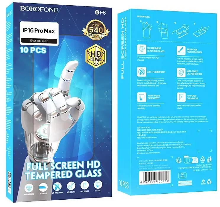 Borofone Apsauginis stiklas BF6 Diamond Armor Full Screen HD skirtas Apple iPhone 16 Pro Max – 10 vnt
