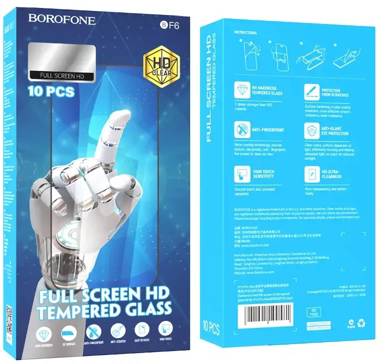 Borofone Apsauginis stiklas BF6 Diamond Armor Full Screen HD, skirtas iPhone 15 Plus/16 Plus – 10 vnt.