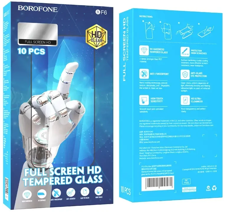 Borofone Apsauginis stiklas BF6 Diamond Armor Full Screen HD skirtas iPhone 14/13/13 Pro – 10 vnt
