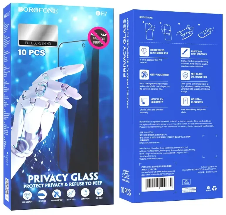 Borofone Apsauginis stiklas BF7 Diamond Armor Full Screen Anti-spy, skirtas iPhone X/XS/11 Pro – 10 vnt.