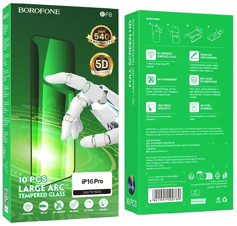 Borofone Apsauginis stiklas BF8 Diamond Armor Full Screen 5D Large Arc, skirtas iPhone 16 Pro – 10 vnt.