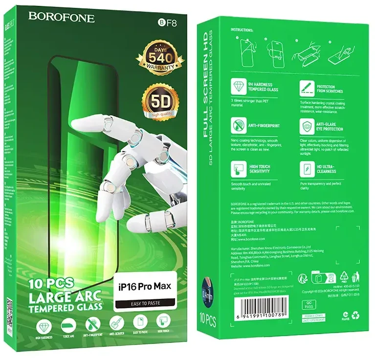 Borofone Apsauginis stiklas BF8 Diamond Armor Full Screen 5D Large Arc, skirtas iPhone 16 Pro Max – 10 vnt.