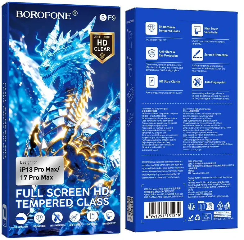 Borofone Grūdintas stiklas BF9 Armor Full Screen HD, skirtas iPhone 17e/16e/14/13/13 Pro – 10 vnt.