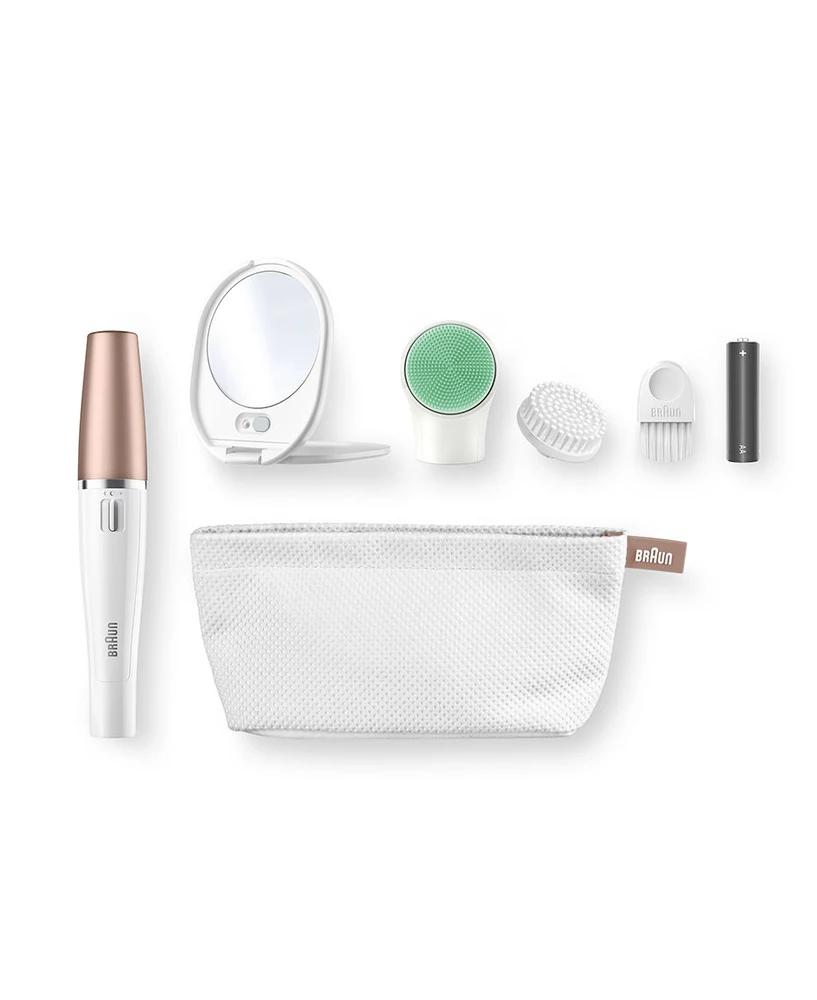 SE851v Braun FaceSpa veido epiliatorius ir šepetėlis + veidrodėlis su šviesa + kosmetinė