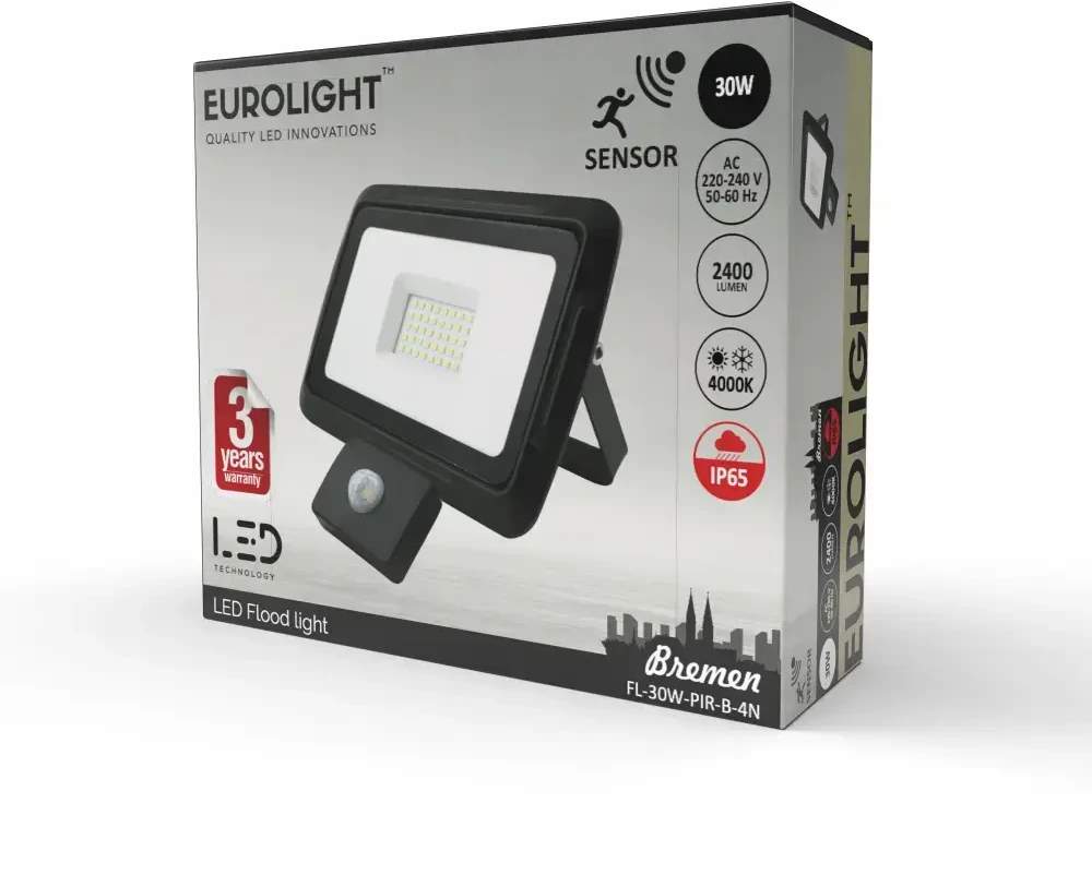 BREMEN LED prožektorius su judesio davikliu 30W, 4000K, IP65, 80lm/W Eurolight