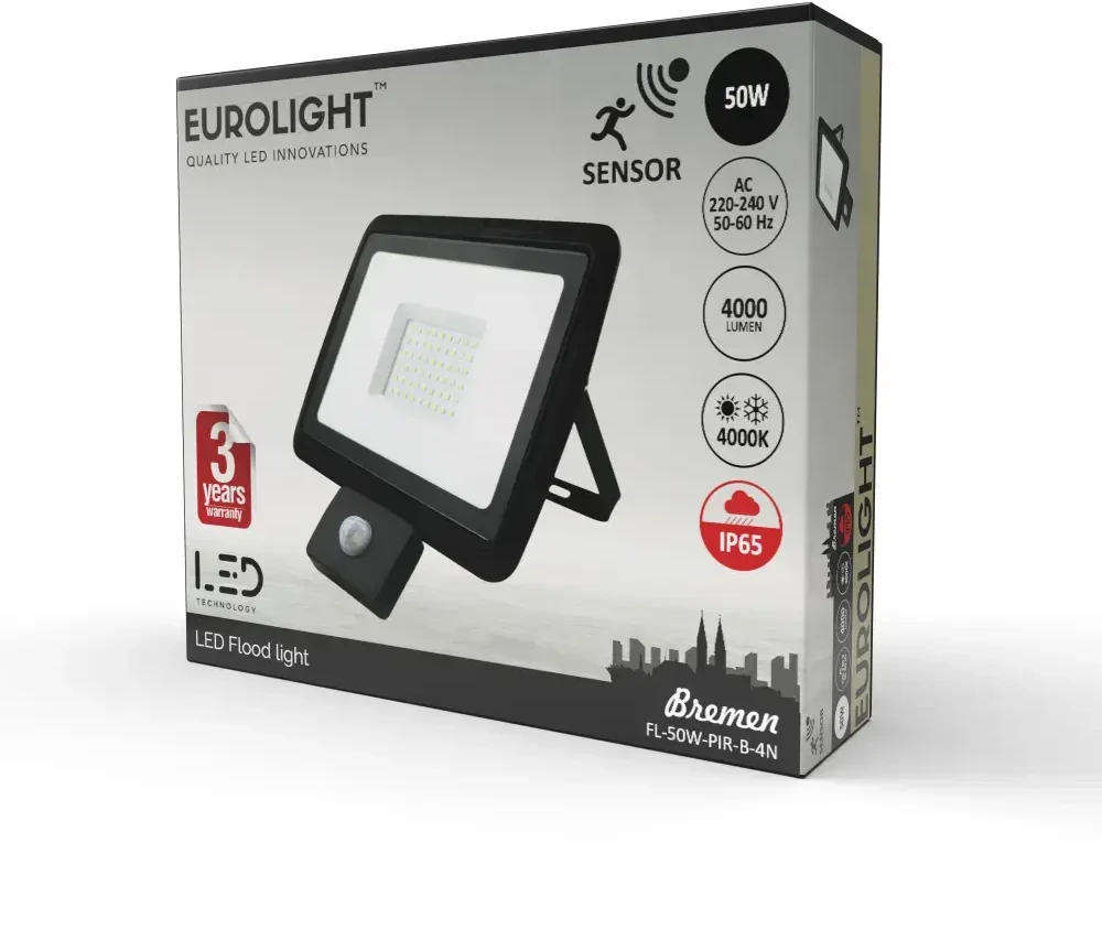 BREMEN LED prožektorius su judesio davikliu 50W, 4000K, IP65, 80lm/W Eurolight