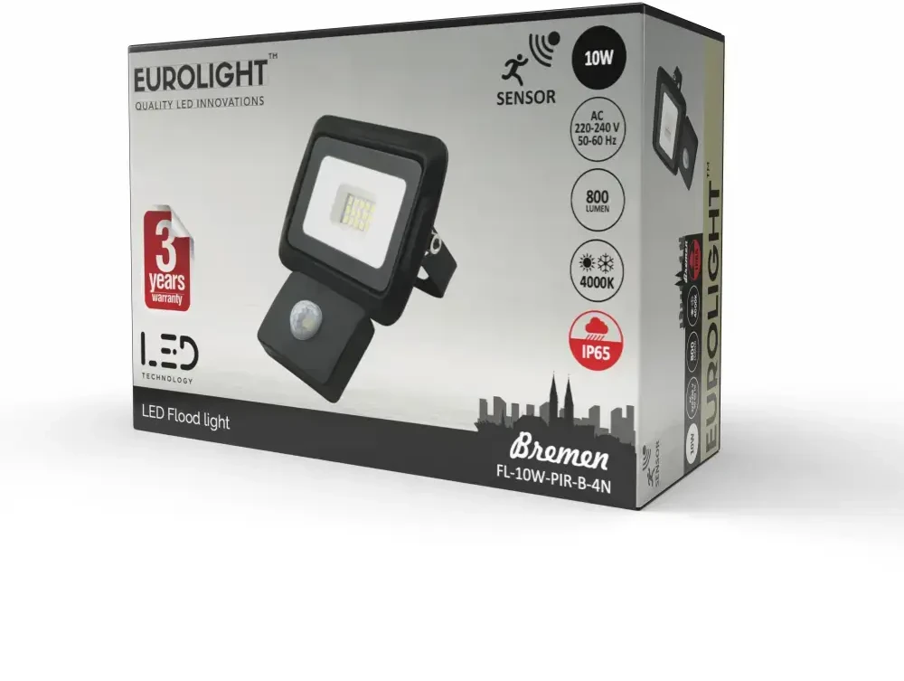 BREMEN LED prožektorius su judesio davikliu 10W, 4000K, IP65, 80lm/W Eurolight