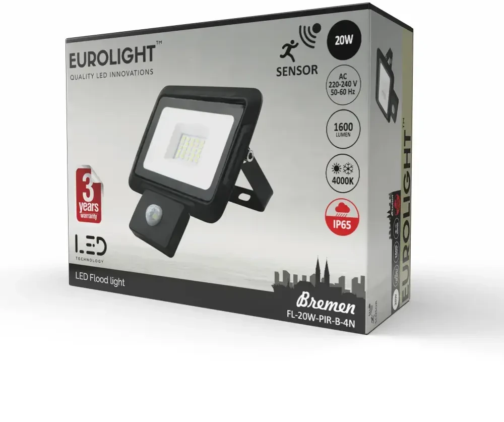 BREMEN LED prožektorius su judesio davikliu 20W, 4000K, IP65, 80lm/W Eurolight