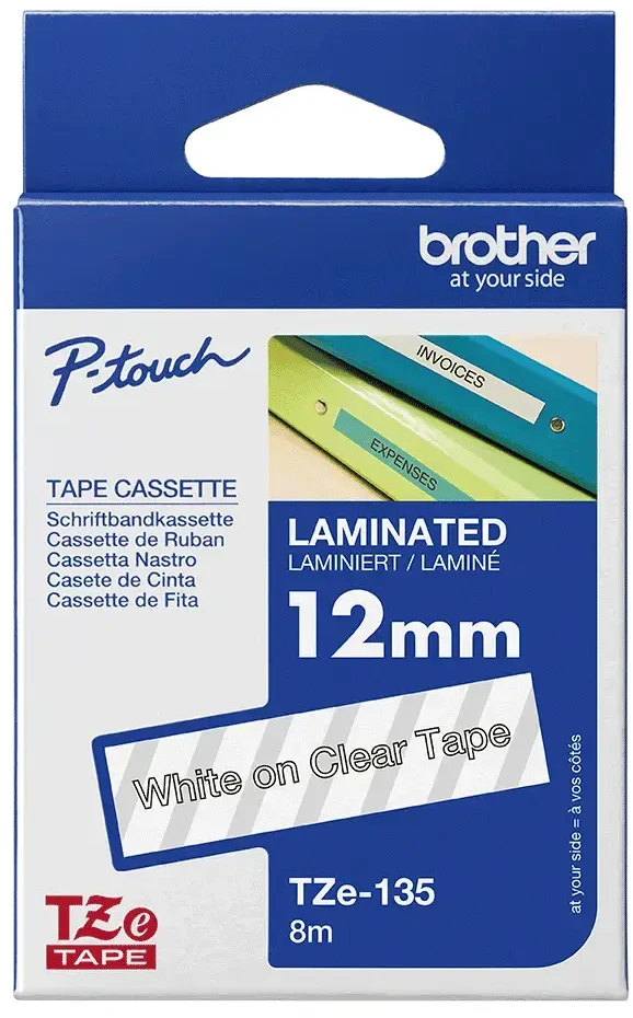 Brother Brolis | TZe-135 laminuota juosta | Baltas ant Clear | TZe | 8 m | 1,2 cm
