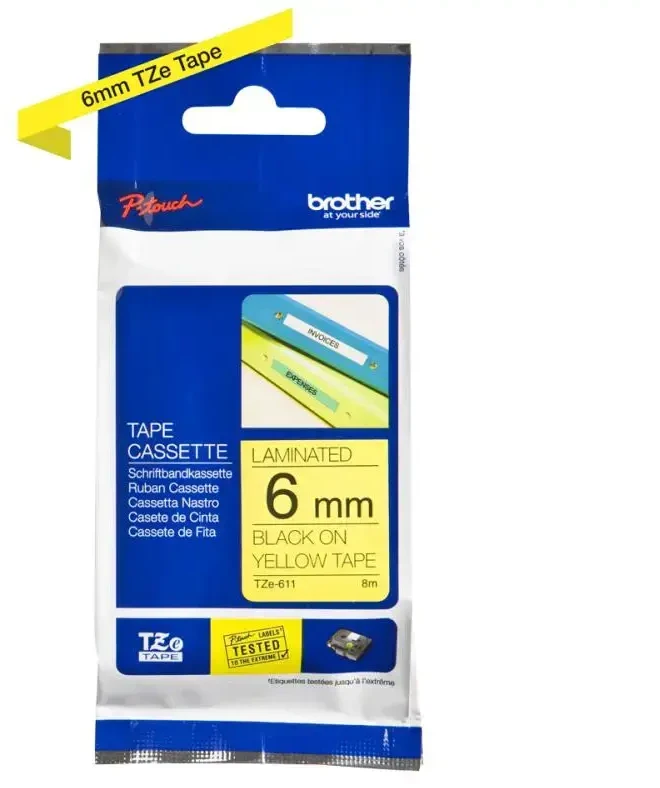 Brother | TZe-611 Laminated Tape | Juodas on Geltona | TZe | 8 m | 6 cm