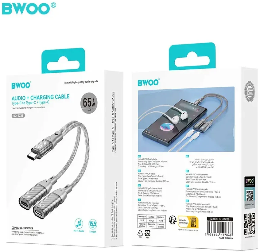 Raycue BWOO BZ68 adapter 2w1 2x USB-C - jack 3.5mm pilka