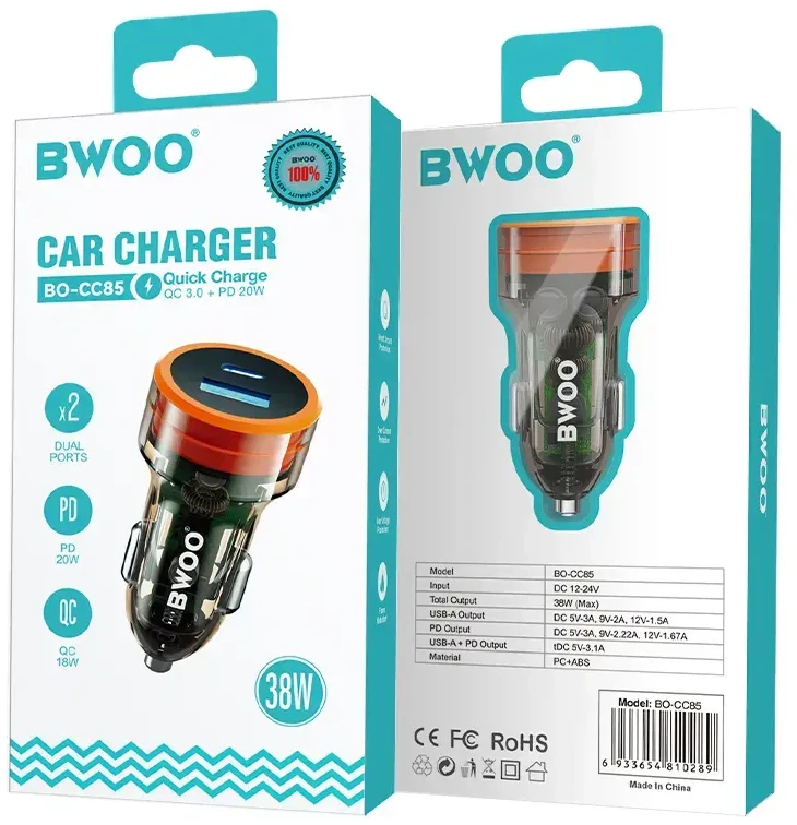 BWOO 38W greitas skaidrus automobilinis įkroviklis BO-CC85 QC 18W + PD 20W