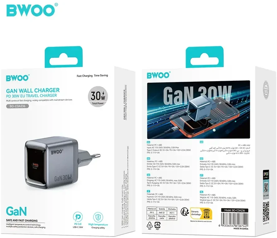 BWOO BO-CDA236 GaN wall charger 1xUSB-C 3A PD 30W pilkas with PPS