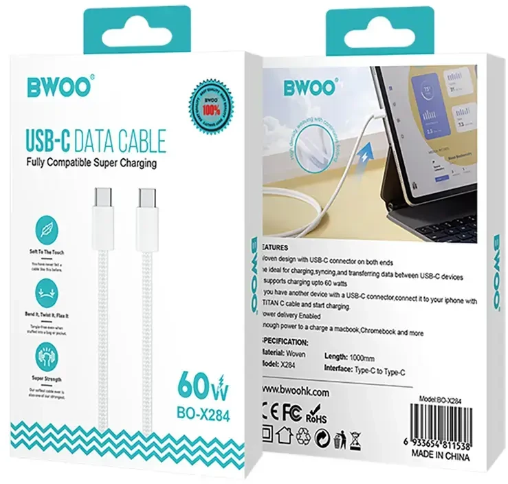 BWOO BO-X284 duomenų perdavimo ir įkrovimo laidas | USB-C į USB-C | 60 W