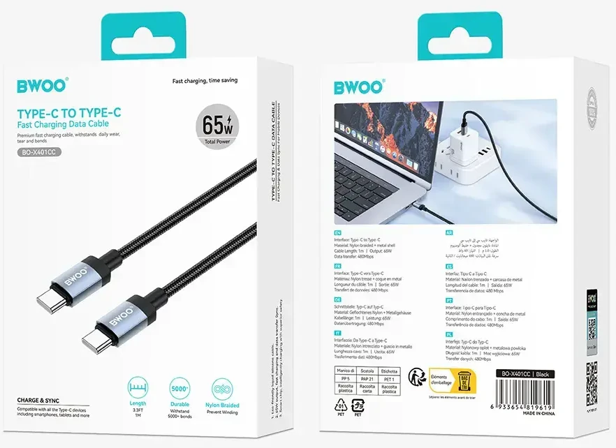 BWOO BO-X401CC braided cable USB-C - USB-C 1m PD 65W juodas