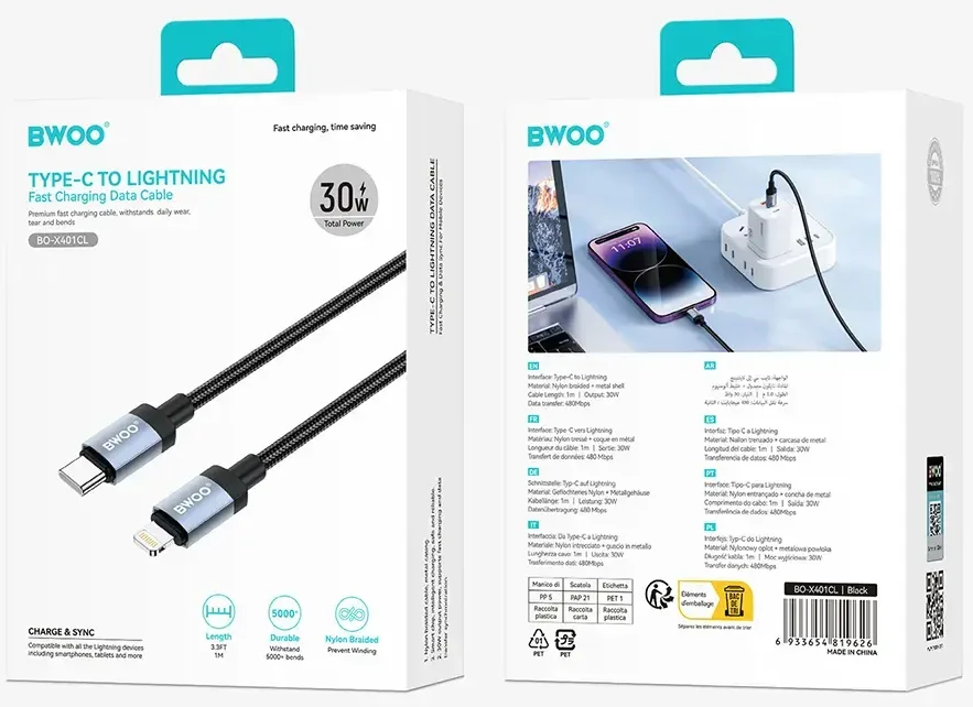 BWOO BO-X401CL braided cable USB-C - Lightning 1m PD 30W juodas