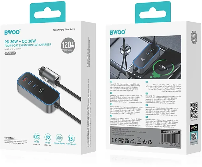 BWOO CC107 PD automobilinis įkroviklis 1x USB-C – USB-A jungtis 30W juodas