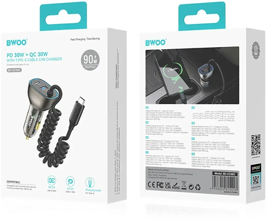 Įkroviklis automobilinis Bwoo (CC96C) (1xUSB, 1xUSB-C 30W) su USB-C laidu juodas