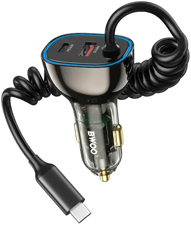 Įkroviklis automobilinis Bwoo (CC96C) (1xUSB, 1xUSB-C 30W) su USB-C laidu juodas