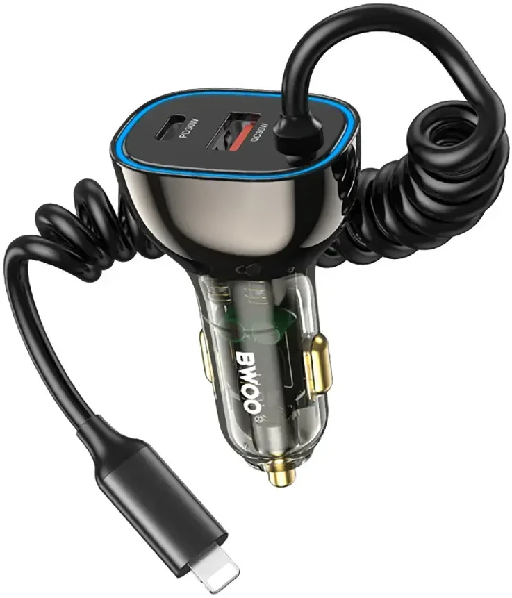 Įkroviklis automobilinis Bwoo (CC96L) (1xUSB, 1xUSB-C 30W) su lightning laidu juodas