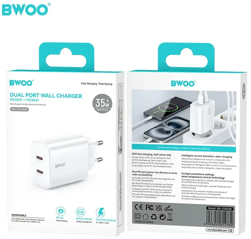 BWOO CDA206 PD 35W sieninis įkroviklis 1x USB-C jungtis baltas
