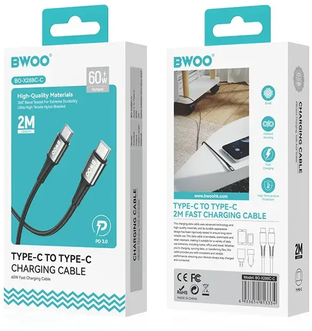 BWOO Braided Cable USB-C - USB-C 3m 60W juodas