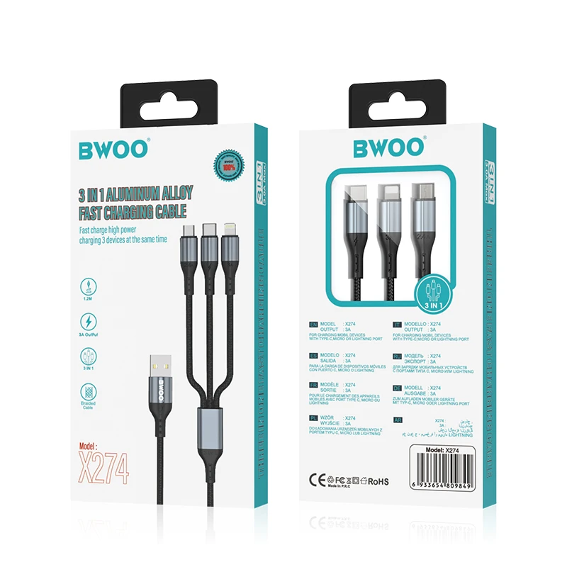 BWOO greitas 3 in 1 USB 3A įkrovimo kabelis X274