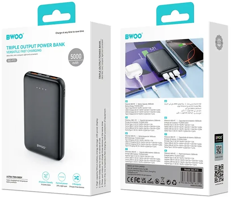 Canyon BWOO išorinė baterija P72 QC 22.5W PD 20W 5000 mAh su 2 x USB-A prievadais ir 1 x USB-C prievadu, juoda