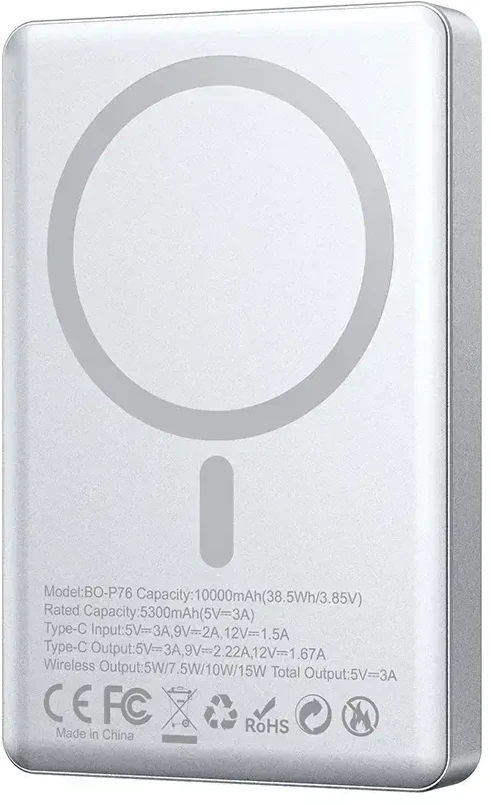 Powerbank Wekome BWOO power bank magnetyczny P76 PD 20W 10000 mAh ultra cienki w aluminiowej obudowie su wyświetlaczem i portem USB-C sidabrinė