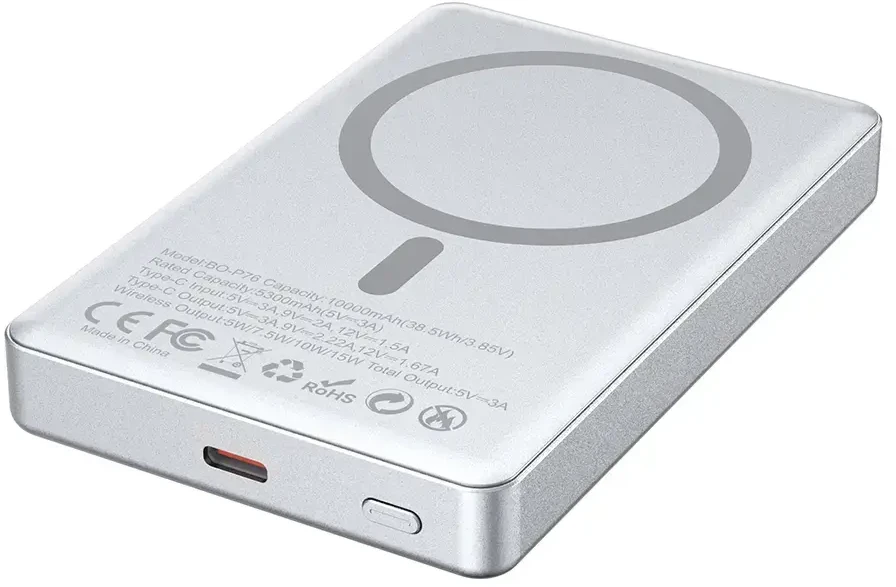 Powerbank Wekome BWOO power bank magnetyczny P76 PD 20W 10000 mAh ultra cienki w aluminiowej obudowie su wyświetlaczem i portem USB-C sidabrinė