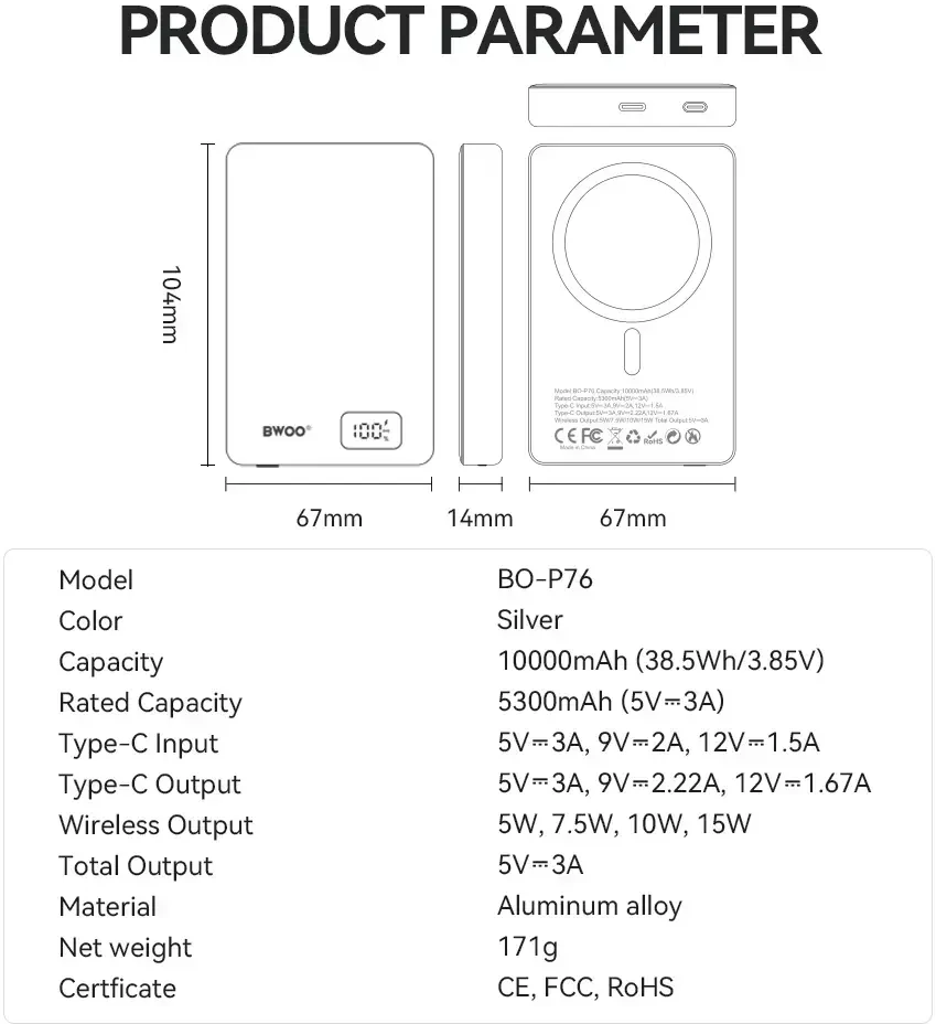 Powerbank Wekome BWOO power bank magnetyczny P76 PD 20W 10000 mAh ultra cienki w aluminiowej obudowie su wyświetlaczem i portem USB-C sidabrinė