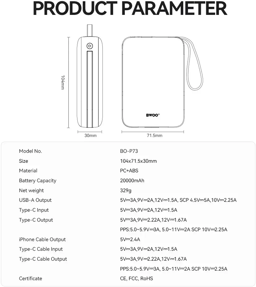 „Wekome BWOO“ nešiojama baterija P73 22,5 W, 20000 mAh, su 2 integruotais laidais, 1 x USB-C, 1 x „Lightning“ jungtimi.