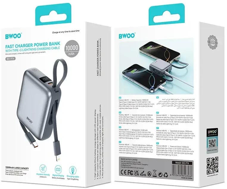 BWOO P74 Power Bank | 10,000 mAh | 22.5W | USB-C, Lightning | juodas