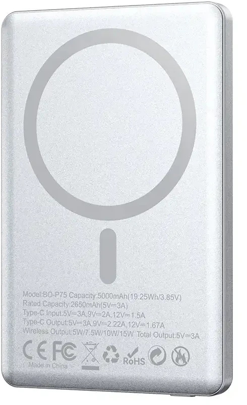 BWOO P75 išorinis akumuliatorius | 5 000 mAh | 20 W | PD | USB-C, MagSafe | LED ekranas | juodas