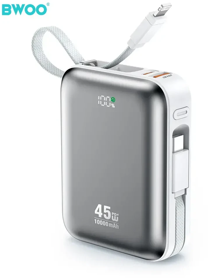 BWOO P77 Power Bank | 10,000 mAh | 45W | PD | USB-C, Lightning | pilka