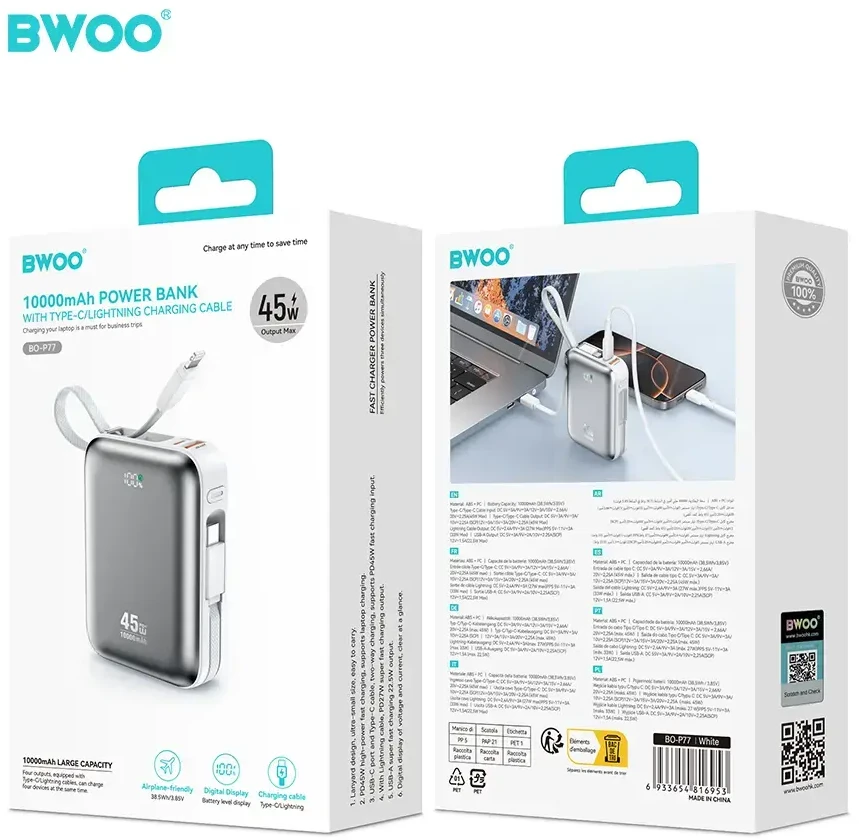 BWOO P77 Power Bank | 10,000 mAh | 45W | PD | USB-C, Lightning | pilka