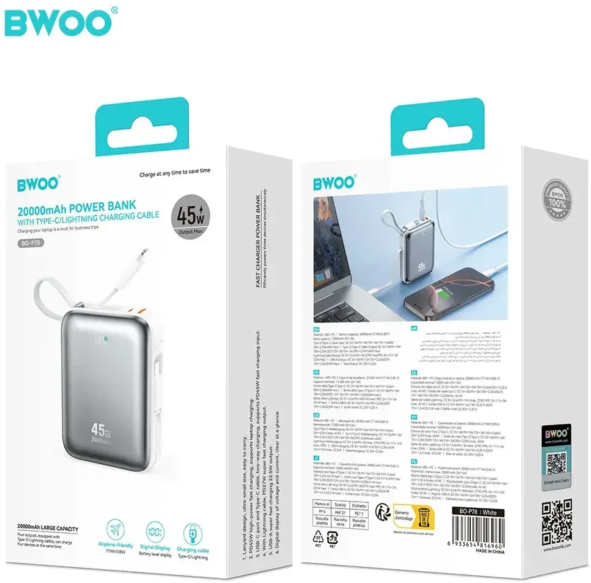 BWOO 20000mAh greitojo įkrovimo išorinė baterija PD45W su 2 laidais Type C ir Lightning P78 sidabrinė