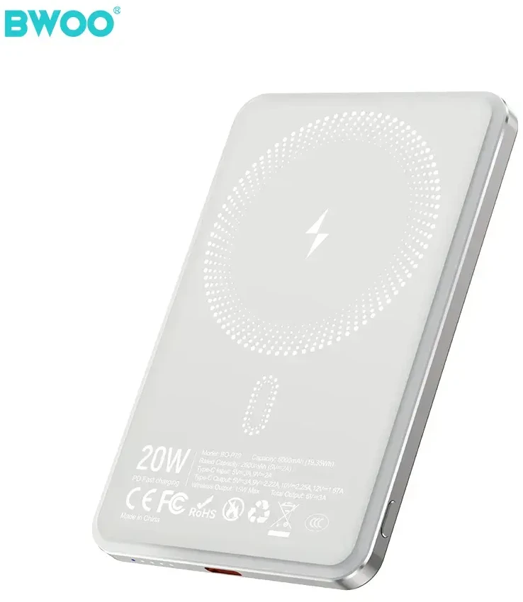 BWOO itin plonas išorinis akumuliatorius 20W 5000mAh su magnetiniu įkrovimu P79 šviesiai pilkas