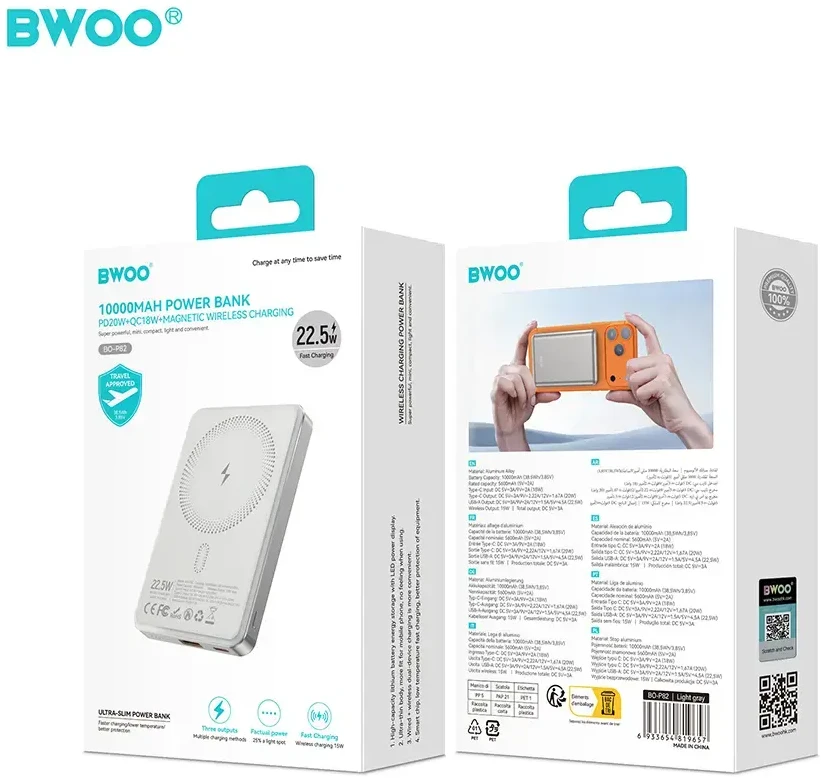 BWOO P82 BO 10000mAh 15W išorinė baterija su belaidžiu įkrovimu, šviesiai pilka